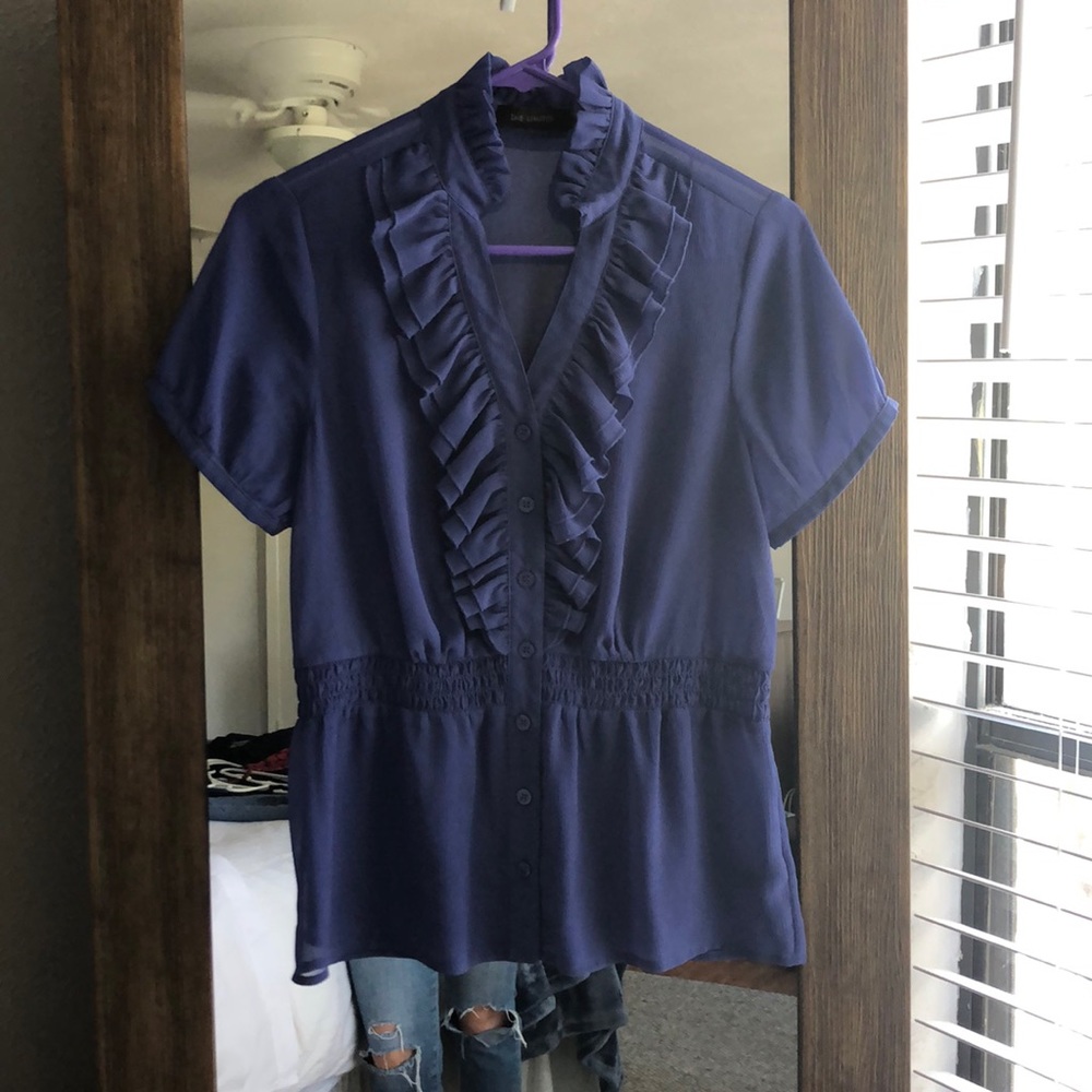 Blue ruffle button down blouse